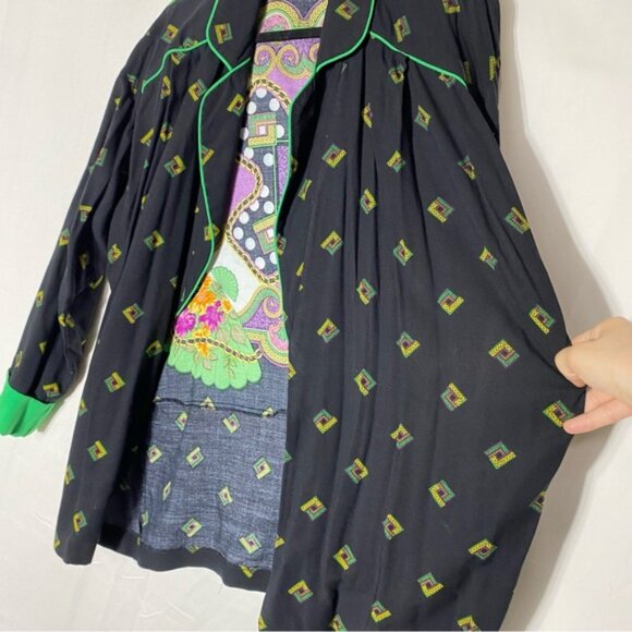 Vintage Lori Weidner Black Green Purple Bold Print Open Front Light Jacket 8 - Picture 7 of 14
